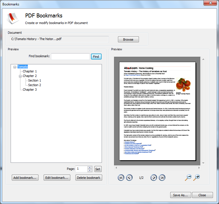 Insert bookmarks into PDF Screenshot