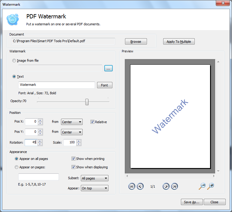 Insert watermarks into PDF Screenshot